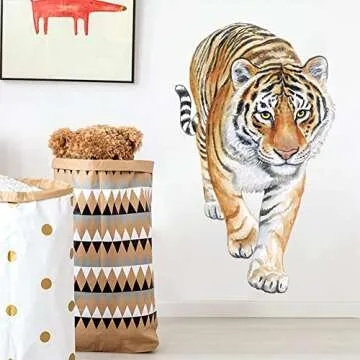 3D Tiger Wall Decor Lifelike Animal Decals Wallpaper Self-Adhesive Waterproof Cute Lovely Art Mural for Nursery Living Room Bedroom Decoration