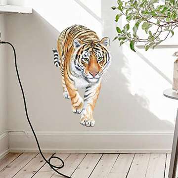 3D Tiger Wall Decor Lifelike Animal Decals Wallpaper Self-Adhesive Waterproof Cute Lovely Art Mural for Nursery Living Room Bedroom Decoration