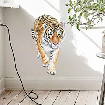 3D Tiger Wall Decor Lifelike Animal Decals Wallpaper Self-Adhesive Waterproof Cute Lovely Art Mural for Nursery Living Room Bedroom Decoration