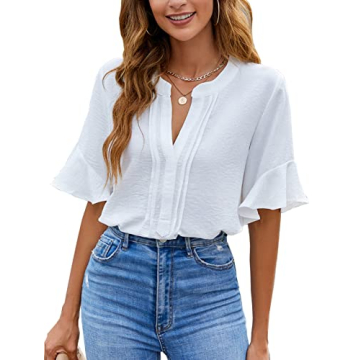 BMJL Women's White Chiffon Ruffle Sleeve V Neck Blouse for Casual and Business Wear