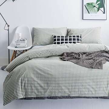 SUSYBAO Green Gingham Duvet Cover Queen 100% Washed Cotton Plaid Duvet Cover Set 3 Pieces 1 Green Gr...