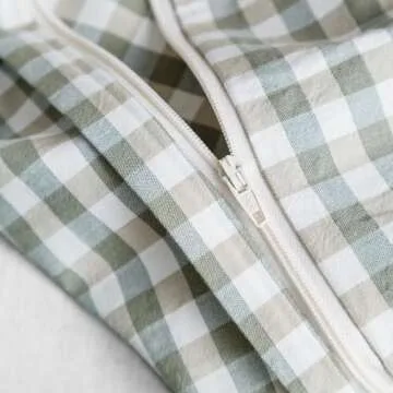 SUSYBAO Green Gingham Duvet Cover Queen 100% Washed Cotton Plaid Duvet Cover Set 3 Pieces 1 Green Grid Duvet Cover with Zipper Ties 2 Pillow Cases Luxury Soft Green Plaid Bedding Set Breathable