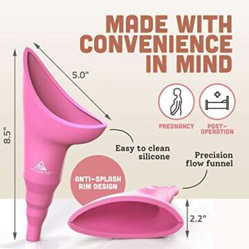 Pitch and Trek Female Urination Device, Silicone Standing Pee Funnel w/Discreet Carry Bag, for Travel, Road Trip, Festival, Camping & Hiking Gear Essentials for Women, Pink
