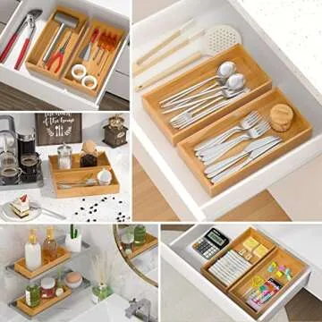 VeyFey Silverware Tray - Stackable Bamboo Organizer Set