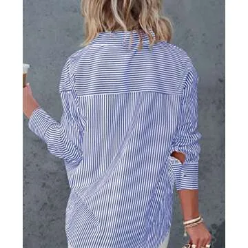 Diosun Womens Striped Button Down Shirts Classic Long Sleeve Stylish Collared Office Work Blouses Tops (Small, Blue)