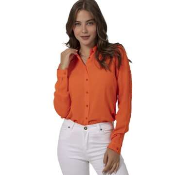 Blouses for Women Fashion, Casual Long Sleeve Button Down Shirts Tops, XS-3XL (Orange, Small)