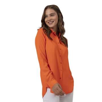 Blouses for Women Fashion, Casual Long Sleeve Button Down Shirts Tops, XS-3XL (Orange, Small)