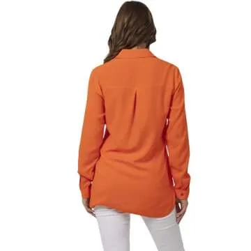 Blouses for Women Fashion, Casual Long Sleeve Button Down Shirts Tops, XS-3XL (Orange, Small)