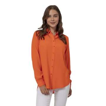 Blouses for Women Fashion, Casual Long Sleeve Button Down Shirts Tops, XS-3XL (Orange, Small)