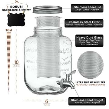 1 Gallon Cold Brew Coffee Maker - 3rd Generation Fine Mesh Filter - Stainless Steel Spigot - Extra Thick Large Glass Mason Jar Drink Dispenser Carafe, Iced Coffee Maker & Sun Tea Pitcher with Infuser.