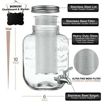 1 Gallon Cold Brew Coffee Maker - 3rd Generation Fine Mesh Filter - Stainless Steel Spigot - Extra Thick Large Glass Mason Jar Drink Dispenser Carafe, Iced Coffee Maker & Sun Tea Pitcher with Infuser.