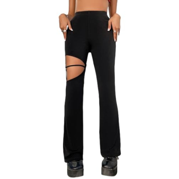 OYOANGLE Women's Bootcut Flare Leg Pants High Waisted Cut Out Y2K Fitting Trousers Black S