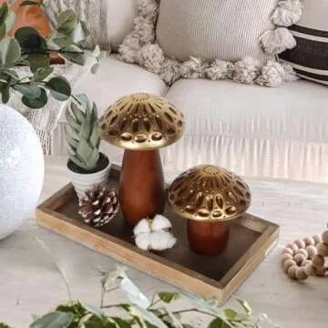 Oakrain Mushroom Sculptures, Set of 2, Farmhouse Coffee Table Decor, Mushroom Ornaments, Mushroom Decorations, Gold Wooden Mushrooms for Crafts, Mushroom Decor Aesthetic, Mushroom Table Decor