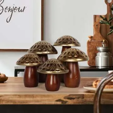 Oakrain Mushroom Sculptures, Set of 2, Farmhouse Coffee Table Decor, Mushroom Ornaments, Mushroom Decorations, Gold Wooden Mushrooms for Crafts, Mushroom Decor Aesthetic, Mushroom Table Decor