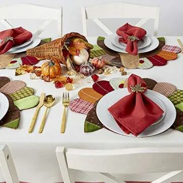 DII Fall Table Decorations, Thanksgiving, Placemat Set, 14x19, Embroidered Turkey, 4 Count
