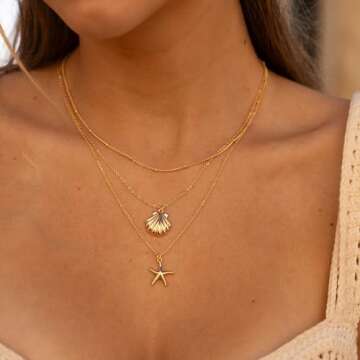 Ava Riley Necklace for Women, 14K Gold-Plated Dainty Choker, 2 Piece Sets - Shell Pendant Necklaces for Women, Trendy Beach Jewelry