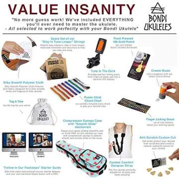 Ukulele Starter Kit (15-Accessories) Mahogany Uke, Compression Sponge Case, Aquila Strings, Felt Picks, Tuner, Chord Stamp, Chord Chart, Leather Strap, Live Lesson & More