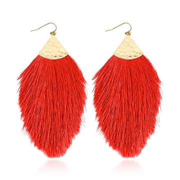Bohemian Silky Thread Fan Fringe Tassel Statement Earrings - Lightweight Strand Feather Shape Dangle...