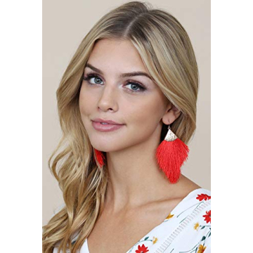 Bohemian Silky Thread Fan Fringe Tassel Statement Earrings - Lightweight Strand Feather Shape Dangles (Feather Fringe - Red)