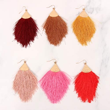 Bohemian Silky Thread Fan Fringe Tassel Statement Earrings - Lightweight Strand Feather Shape Dangles (Feather Fringe - Red)