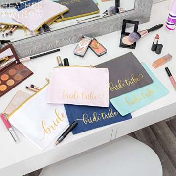 Heather & Willow 8 Piece Set | Bride Tribe Bridesmaid Gifts Bags, Canvas Makeup Bags Cosmetic Clutch & Purse | Bachelorette Party Favors | Bridesmaid Proposal Box for Wedding Bridal Shower - Blush