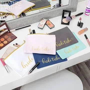 Heather & Willow 8 Piece Set | Bride Tribe Bridesmaid Gifts Bags, Canvas Makeup Bags Cosmetic Clutch & Purse | Bachelorette Party Favors | Bridesmaid Proposal Box for Wedding Bridal Shower - Blush