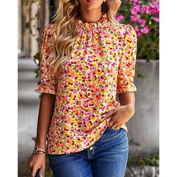 BTFBM Women's Summer Boho Shirt Top Ruffle Short Sleeve Frill Trim Mock Neck Floral Print 2024 Casua...