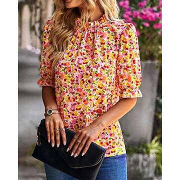 BTFBM Women's Summer Boho Shirt Top Ruffle Short Sleeve Frill Trim Mock Neck Floral Print 2024 Casual Blouses Shirts Tops(Floral Pink, Medium)