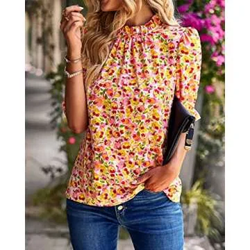 BTFBM Women's Summer Boho Shirt Top Ruffle Short Sleeve Frill Trim Mock Neck Floral Print 2024 Casual Blouses Shirts Tops(Floral Pink, Medium)