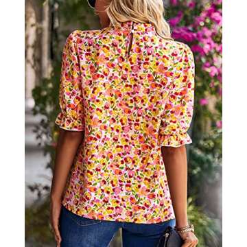 BTFBM Women's Summer Boho Shirt Top Ruffle Short Sleeve Frill Trim Mock Neck Floral Print 2024 Casual Blouses Shirts Tops(Floral Pink, Medium)