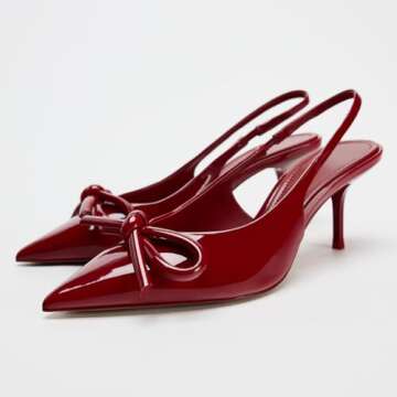 Women's Slingback Heels in A Faux Patent Leather Finish Pump Bow Detail Buckle Closure Thin Heel Poi...