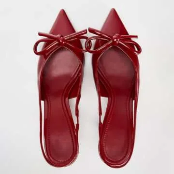 Women's Slingback Heels in A Faux Patent Leather Finish Pump Bow Detail Buckle Closure Thin Heel Pointed Toe Wedding Party Office Dance Dress Shoes for Women Ladies Girls Red Size 7.5