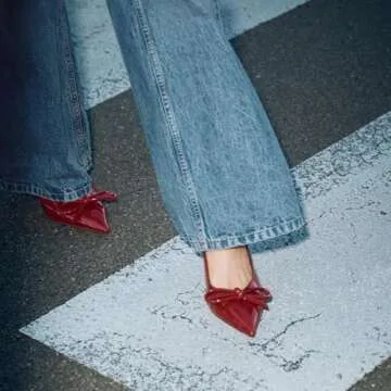 Women's Slingback Heels in A Faux Patent Leather Finish Pump Bow Detail Buckle Closure Thin Heel Pointed Toe Wedding Party Office Dance Dress Shoes for Women Ladies Girls Red Size 7.5