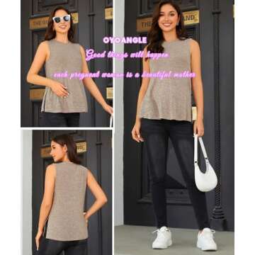 OYOANGLE Maternity Top for Women Summer Loose Sleeveless Pregnancy T-Shirt Split Side Blouse Khaki M