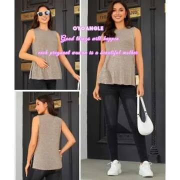 OYOANGLE Maternity Top for Women Summer Loose Sleeveless Pregnancy T-Shirt Split Side Blouse Khaki M