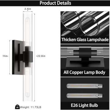 YUEXPAND Black 22.8" Sconces Wall Lighting,Bathroom Vanity Lights Fixtures with Clear Glass Shade Wa...