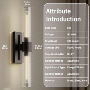 YUEXPAND Black 22.8" Sconces Wall Lighting,Bathroom Vanity Lights Fixtures with Clear Glass Shade Wall Lamp for Mirror, Living Room, Bedroom, Hallway, Fireplace, Staircas（Including Bulb）