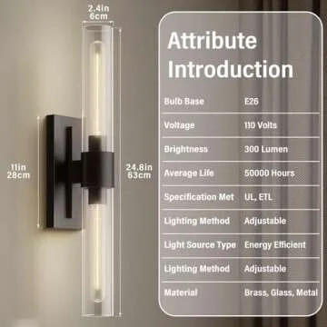 YUEXPAND Black 22.8" Sconces Wall Lighting,Bathroom Vanity Lights Fixtures with Clear Glass Shade Wall Lamp for Mirror, Living Room, Bedroom, Hallway, Fireplace, Staircas（Including Bulb）