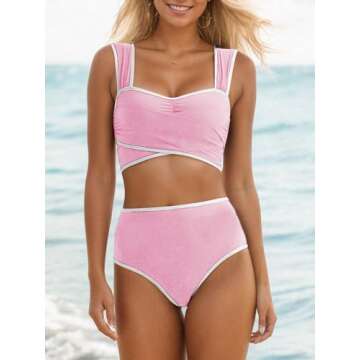 Saodimallsu Retro Swimsuit for Women Ruched High Waisted Bikini Sets Wide Straps Two Piece Vintage Bathing Suits Pink