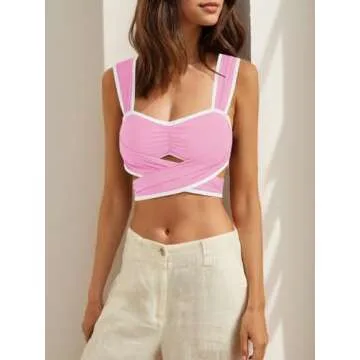 Saodimallsu Retro Swimsuit for Women Ruched High Waisted Bikini Sets Wide Straps Two Piece Vintage Bathing Suits Pink