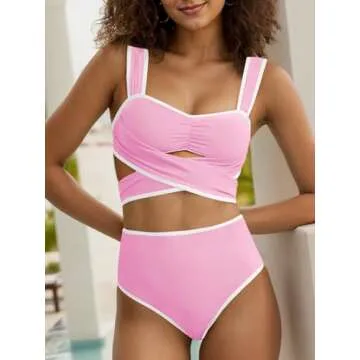 Saodimallsu Retro Swimsuit for Women Ruched High Waisted Bikini Sets Wide Straps Two Piece Vintage Bathing Suits Pink