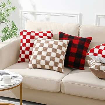 WEMEON Decorative Throw Pillow Covers 20x20 Set of 2Luxury Style Checkerboard Pattern Cushion Case,Checkerboard Pattern Super Soft Faux Fur Wool Throw Pillows for Couch Living Room(Khaki/White)