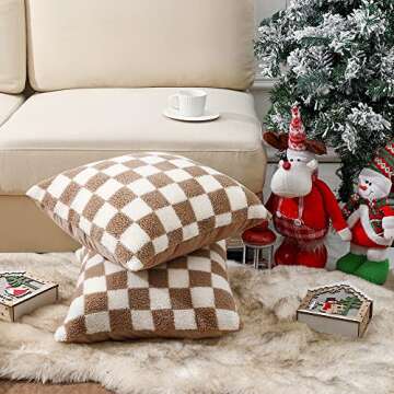WEMEON Decorative Throw Pillow Covers 20x20 Set of 2Luxury Style Checkerboard Pattern Cushion Case,Checkerboard Pattern Super Soft Faux Fur Wool Throw Pillows for Couch Living Room(Khaki/White)