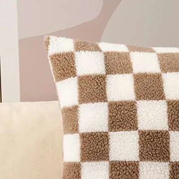 WEMEON Decorative Throw Pillow Covers 20x20 Set of 2Luxury Style Checkerboard Pattern Cushion Case,Checkerboard Pattern Super Soft Faux Fur Wool Throw Pillows for Couch Living Room(Khaki/White)