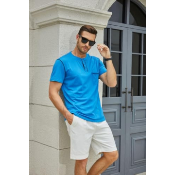 Men's Fashion Henley Shirt Classic Short/Long Sleeve Lightweight Button Cotton T-Shirt Casual Top Blue