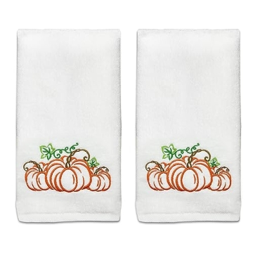 Fall Hand Towels Cotton Embroidered Sets of 2 - Fall Kitchen Towels Bathroom - Fall Pumpkins Dish To...