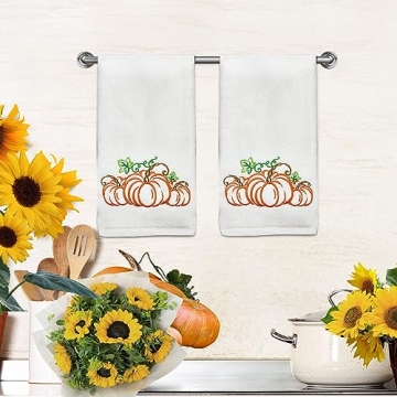 Fall Hand Towels Set of 2 - Embroidered Cotton Kitchen Towels