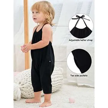 Lindanina Slouch Jumpsuit for Toddlers Harem Strap Romper Little Girls Backless Halter Playsuit with Pockets Cute Solid One Piece(Black, 3-4T)