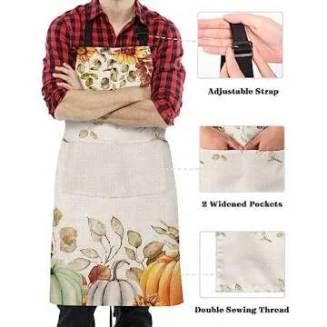 Pumpkin Eucalyptus Waterproof Apron With Pockets, Kitchen Chefs Bib Cooking BBQ Grill Bake Adjustable Aprons for Women Home Garden Grooming Painting Gardening Fall Thanksgiving Sunflower Leaves