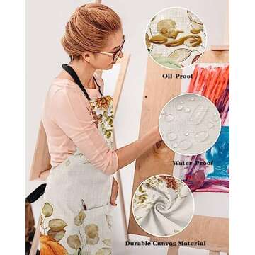 Pumpkin Eucalyptus Waterproof Apron With Pockets, Kitchen Chefs Bib Cooking BBQ Grill Bake Adjustable Aprons for Women Home Garden Grooming Painting Gardening Fall Thanksgiving Sunflower Leaves